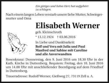 Traueranzeige von Elisabeth Werner 