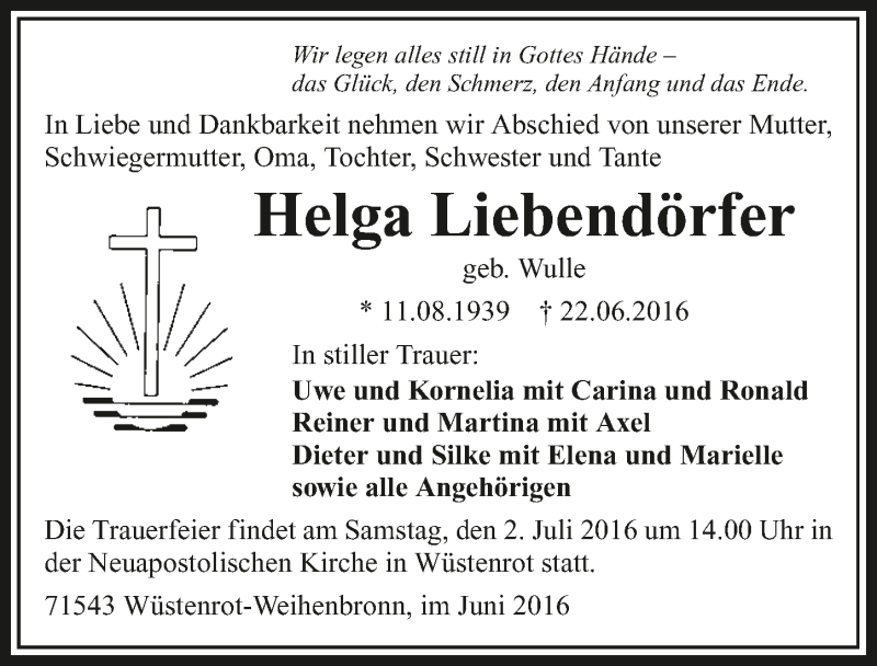  Traueranzeige für Helga Liebendörfer vom 28.06.2016 aus 