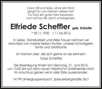 Traueranzeige von Elfriede Scheffler 
