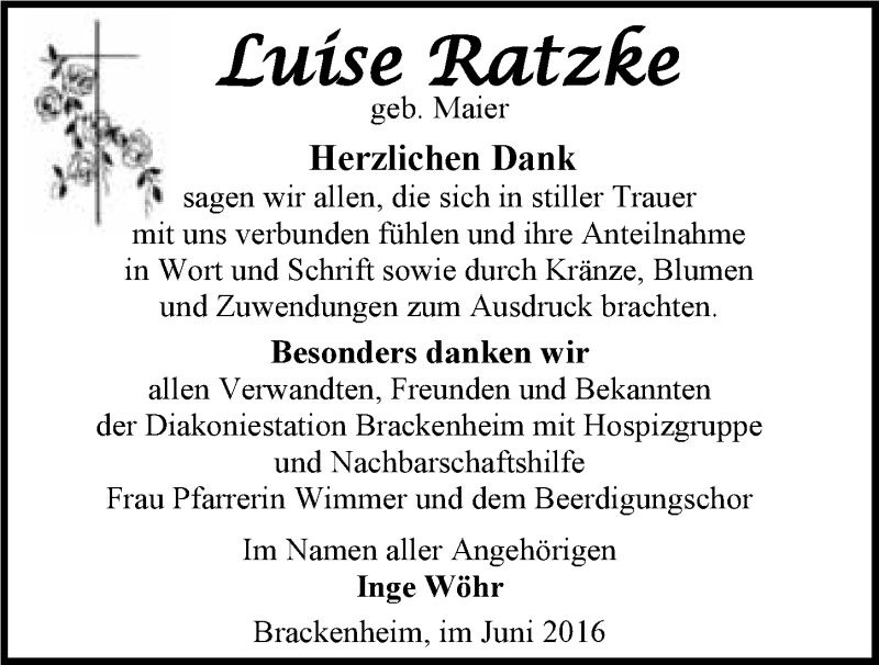 Traueranzeige für Luise Ratzke vom 25.06.2016 aus 
