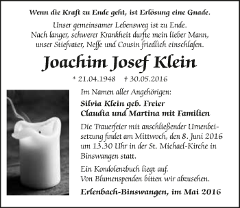 Traueranzeige von Joachim Josef Klein 