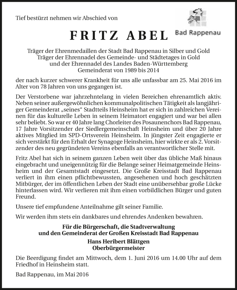  Traueranzeige für Fritz Abel vom 01.06.2016 aus 