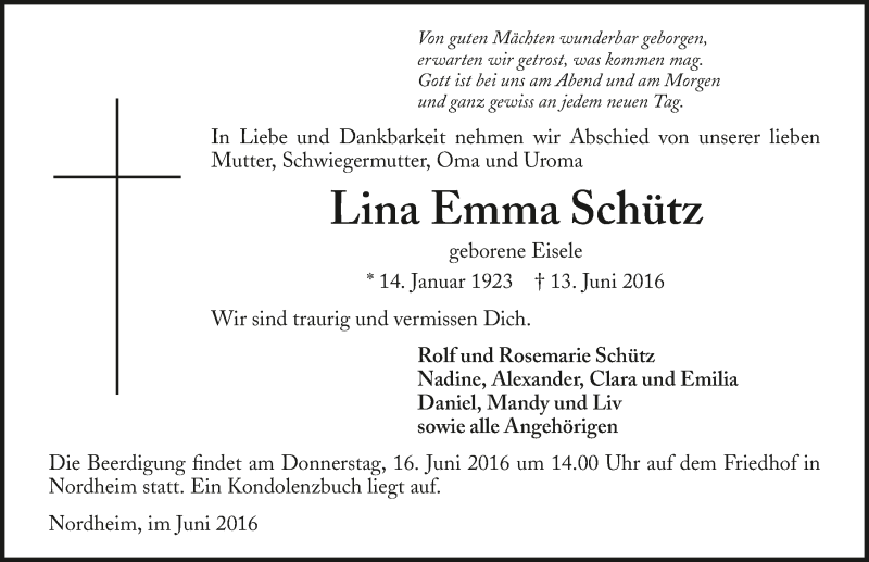  Traueranzeige für Lina Emma Schütz vom 15.06.2016 aus 