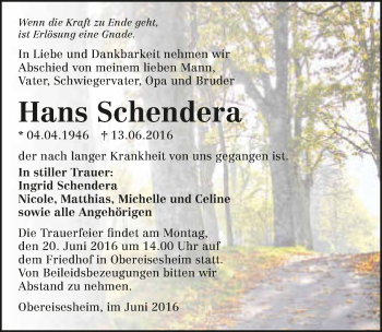 Traueranzeige von Hans Schendera 