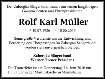 Traueranzeige von Rolf Karl Müller 