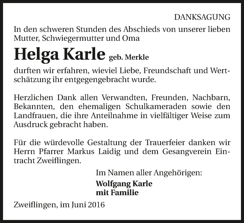  Traueranzeige für Helga Karle vom 24.06.2016 aus 