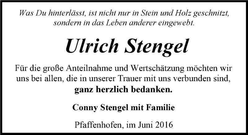  Traueranzeige für Ulrich Stengel vom 11.06.2016 aus 