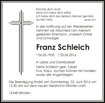 Traueranzeige von Franz Schleich 