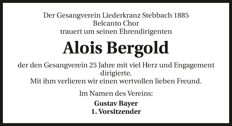  Traueranzeige für Alois Bergold vom 04.06.2016 aus 