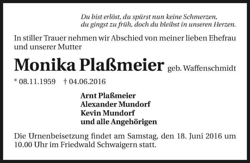  Traueranzeige für Monika Plaßmeier vom 11.06.2016 aus 