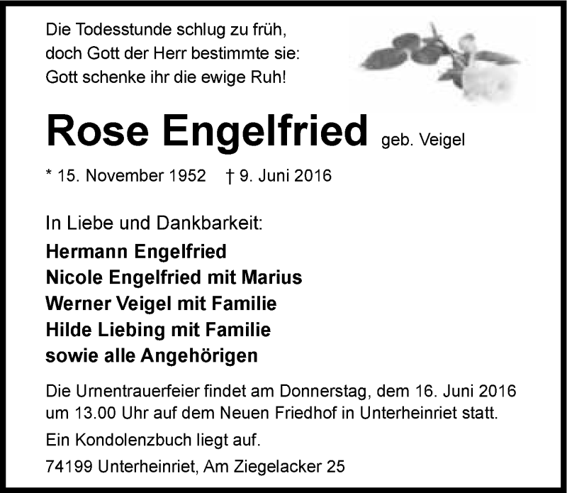  Traueranzeige für Rose Engelfried vom 11.06.2016 aus 