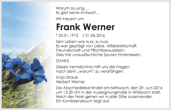 Traueranzeige von Frank Werner 