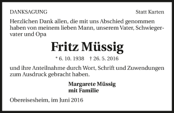 Traueranzeige von Fritz Müssig 