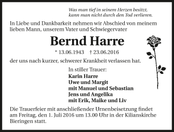 Traueranzeige von Bernd Harre 