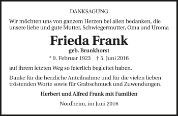 Traueranzeige von Frieda Frank 