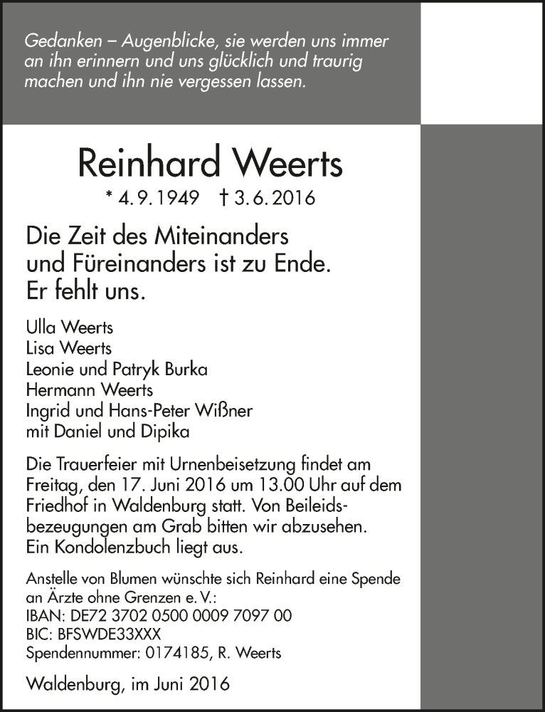  Traueranzeige für Reinhard Weerts vom 11.06.2016 aus 