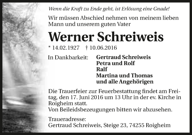  Traueranzeige für Werner Schreiweis vom 14.06.2016 aus 