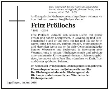 Traueranzeige von Fritz Pröllochs 
