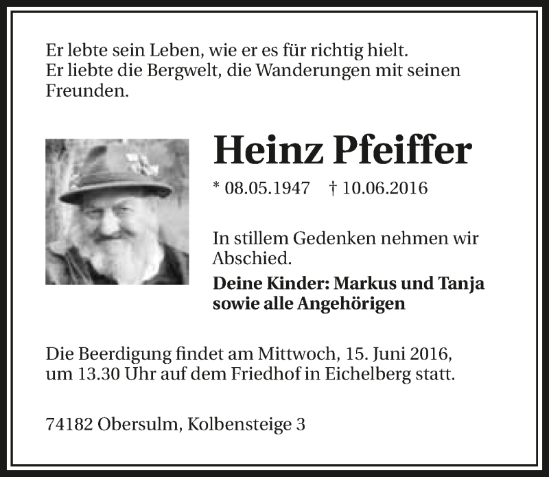  Traueranzeige für Heinz Pfeiffer vom 14.06.2016 aus 