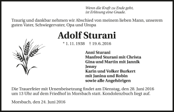 Traueranzeige von Adolf Sturani 