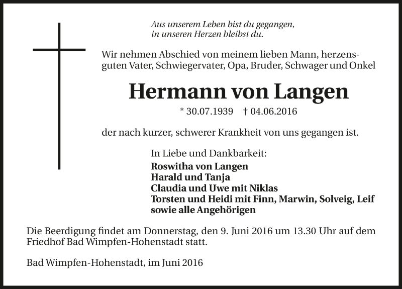  Traueranzeige für Hermann von Langen vom 07.06.2016 aus 