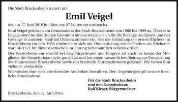 Traueranzeige von Emil Veigel 