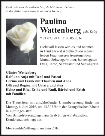 Traueranzeige von Paulina Wattenberg 