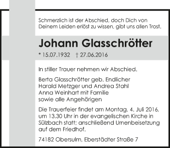 Traueranzeige von Johann Glasschrötter  