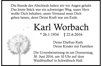 Traueranzeige von Karl Worbach 