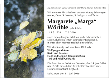 Traueranzeige von Margarete Wörthle 