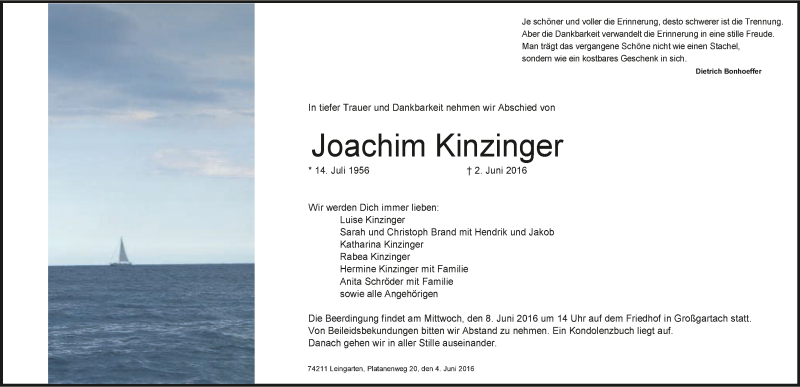  Traueranzeige für Joachim Kinzinger vom 04.06.2016 aus 