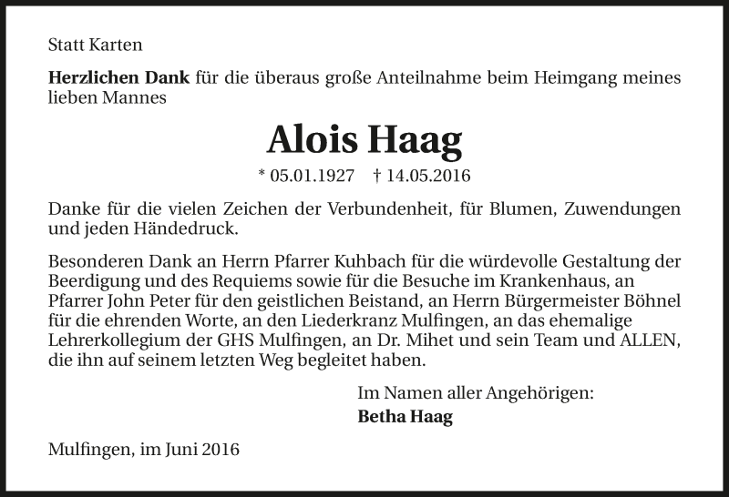  Traueranzeige für Alois Haag vom 01.06.2016 aus 