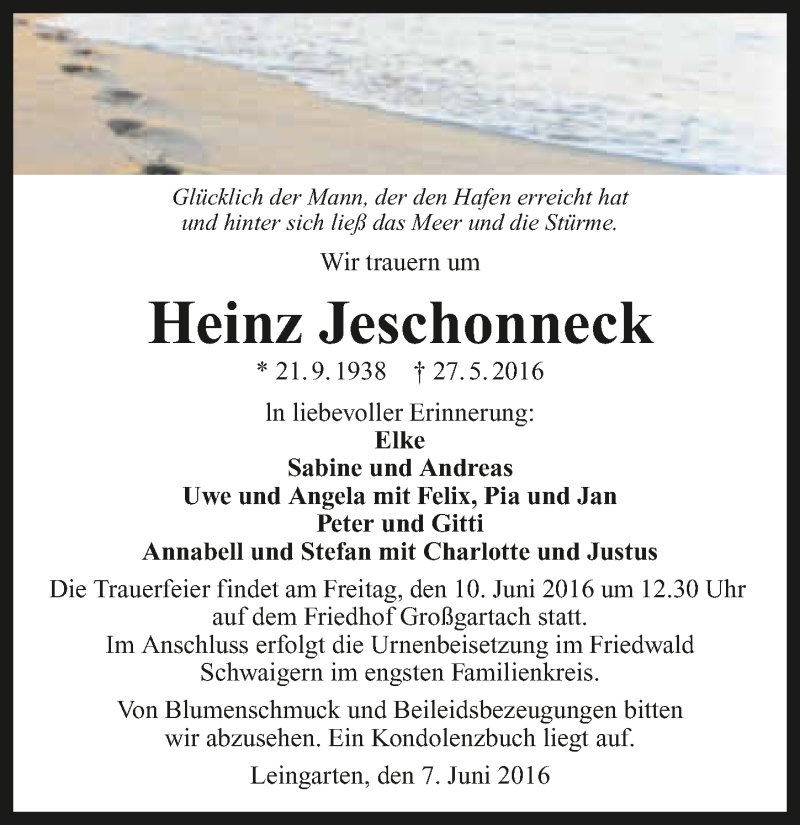  Traueranzeige für Heinz Jeschonneck vom 07.06.2016 aus 