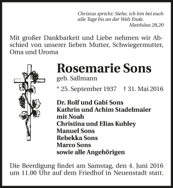 Traueranzeige von Rosemarie Sons 