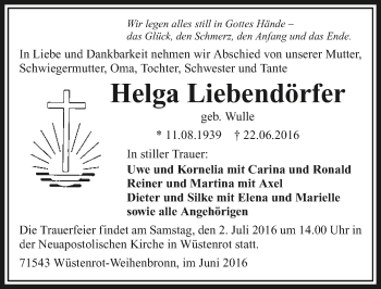 Traueranzeige von Helga Liebendörfer 