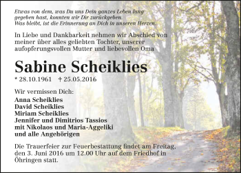 Traueranzeige von Sabine Scheiklies 