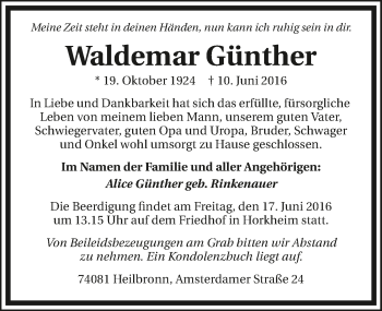 Traueranzeige von Waldemar Günther 