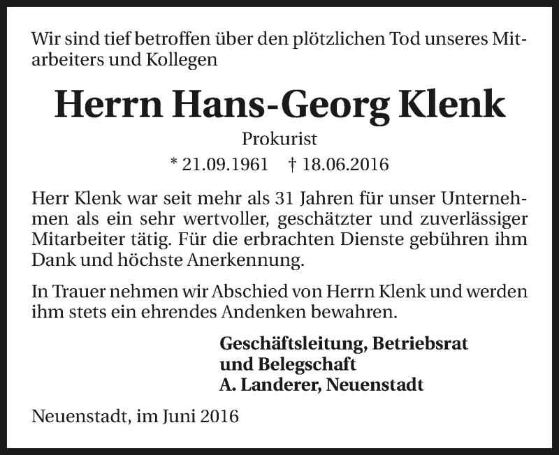  Traueranzeige für Hans-Georg Klenk vom 22.06.2016 aus 