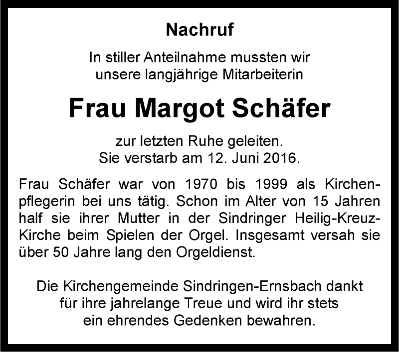  Traueranzeige für Margot Schäfer vom 23.06.2016 aus 