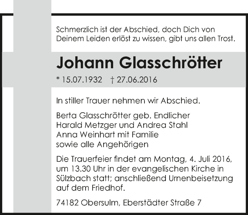  Traueranzeige für Johann Glasschrötter  vom 29.06.2016 aus 