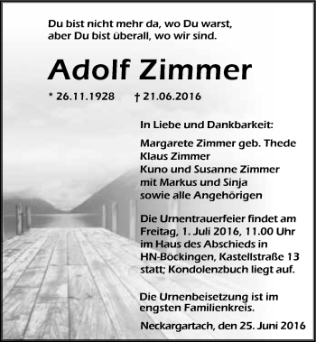 Traueranzeige von Adolf Zimmer 