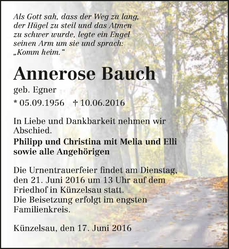  Traueranzeige für Annerose Bauch vom 17.06.2016 aus 