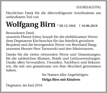 Traueranzeige von Wolfgang Birn 