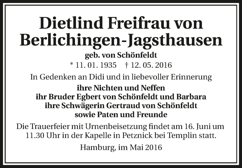  Traueranzeige für Dietlind Freifrau  von Berlichingen-Jagsthausen vom 04.06.2016 aus 