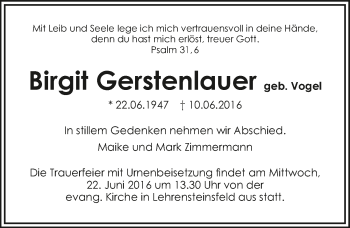 Traueranzeige von Birgit Gerstenlauer 