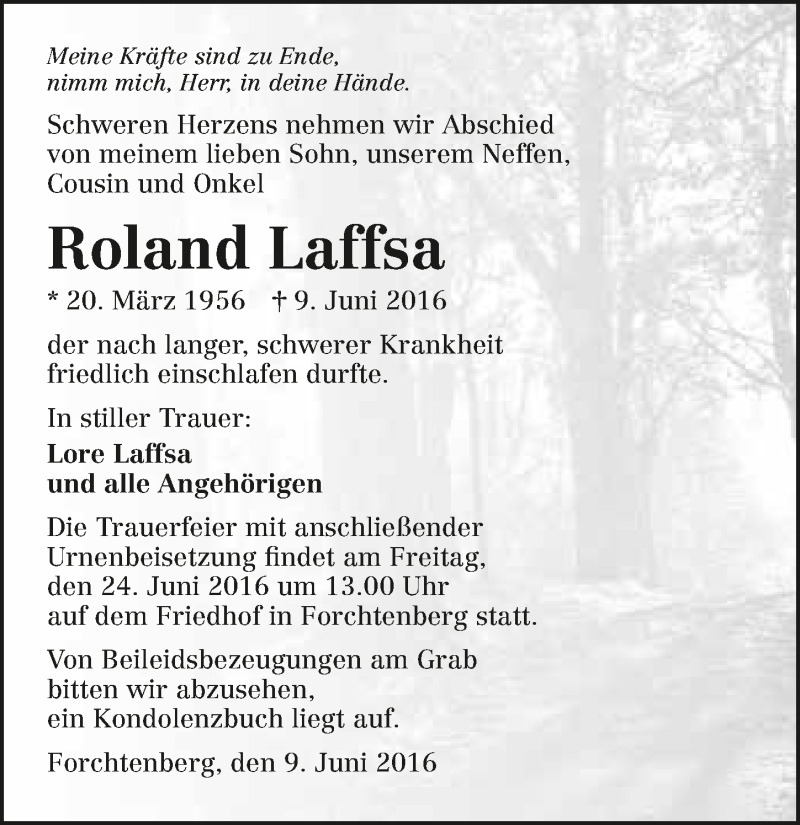  Traueranzeige für Roland Laffsa vom 21.06.2016 aus 