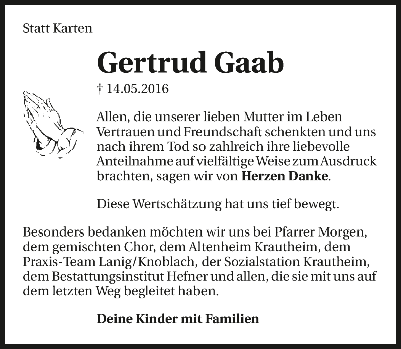  Traueranzeige für Gertrud Gaab vom 04.06.2016 aus 