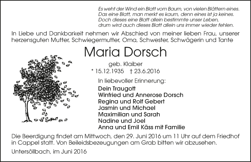  Traueranzeige für Maria Dorsch vom 25.06.2016 aus 