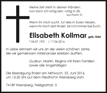 Traueranzeige von Elisabeth Kollmar 