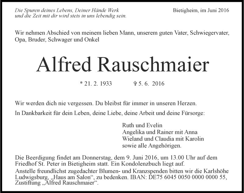  Traueranzeige für Alfred Rauschmaier vom 07.06.2016 aus 
